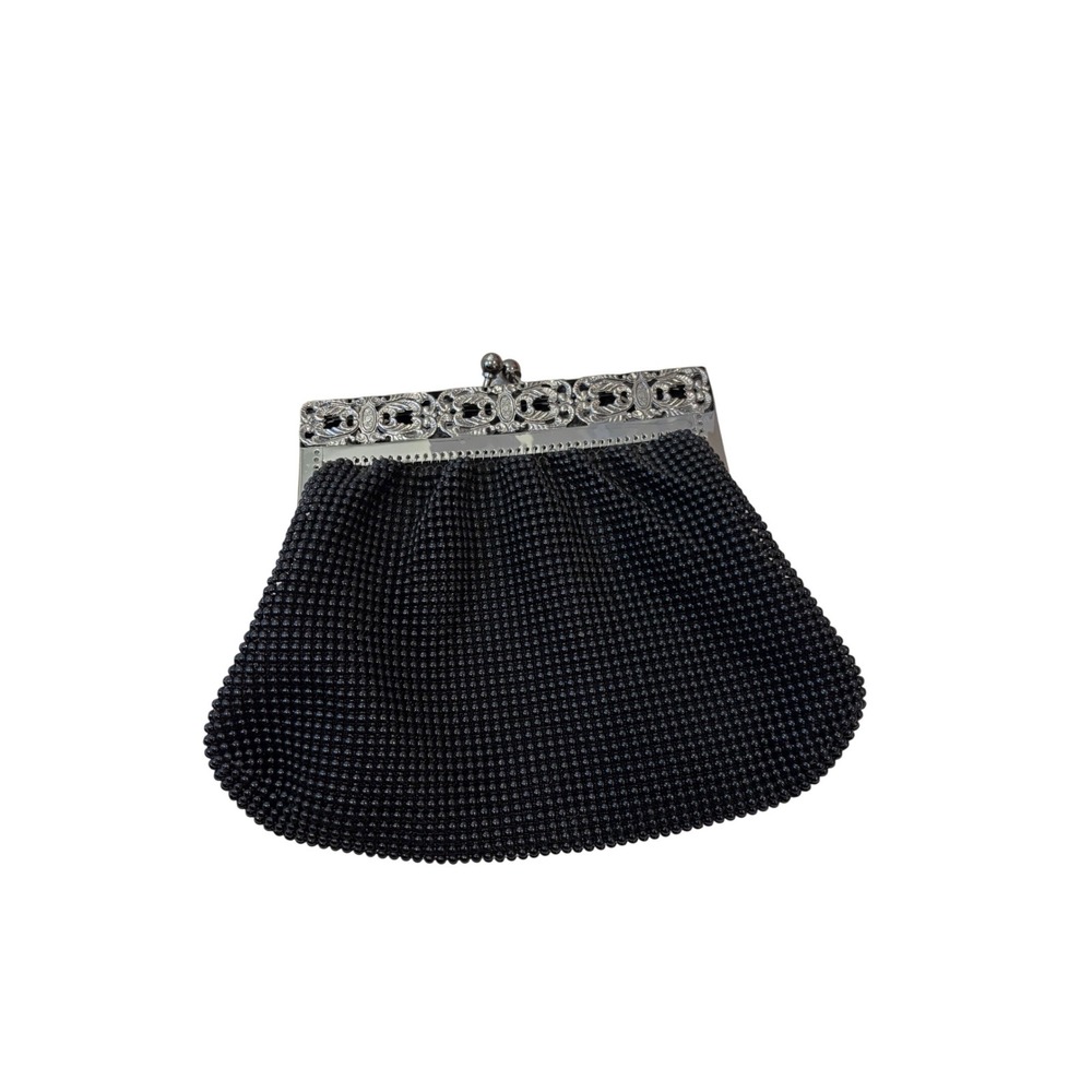 Whiting & Davis Beaded Clutch Women OS Black Silver Filigree Evening Bag Y2K